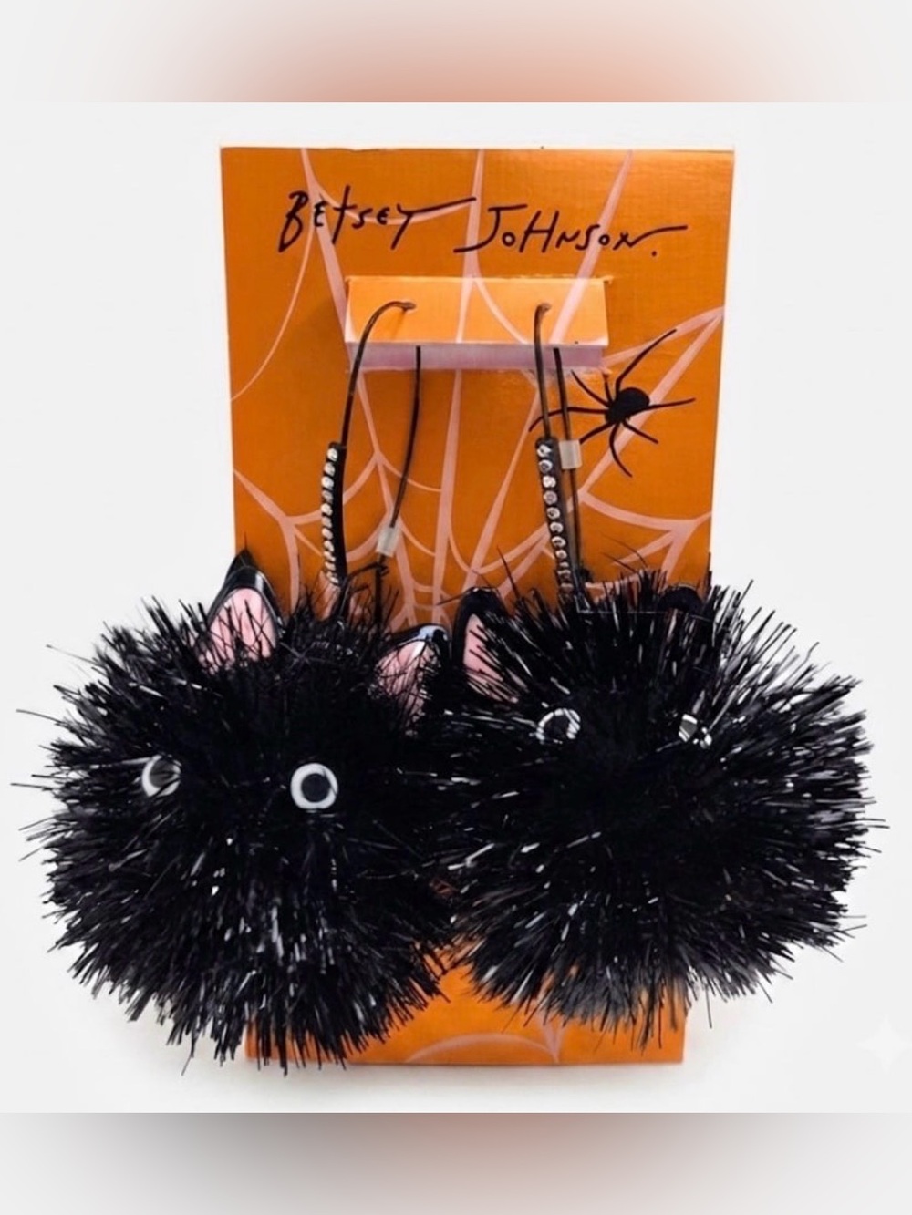 BETSEY JOHNSON Halloween Fluffy Spooky Pom Pom Black Cat Drop Earrings NEW NWT